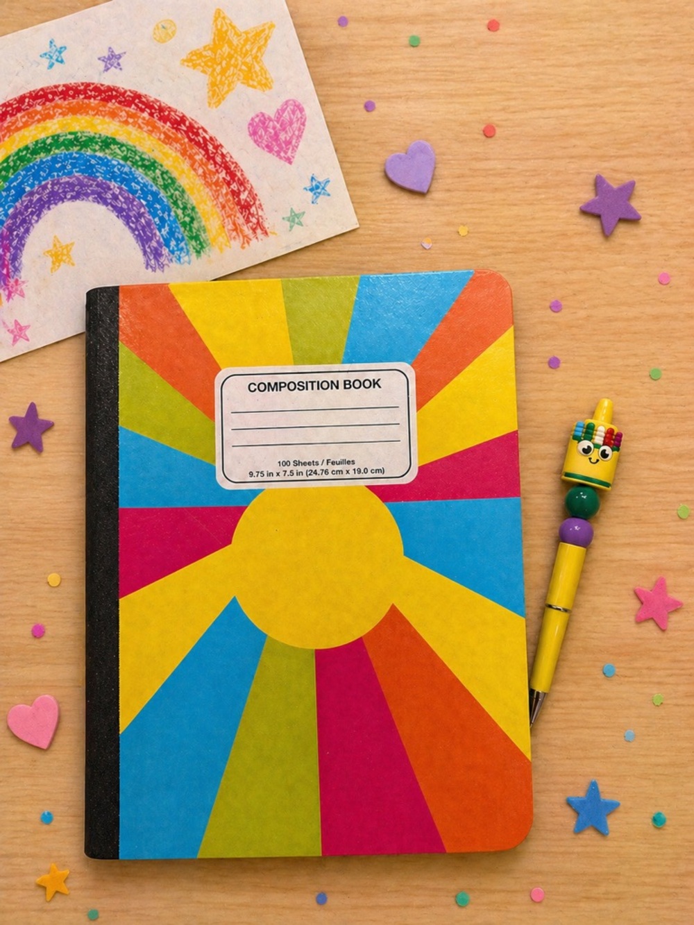 Made cute, beaded crayon, pen with Colorful Sunburst Composition Notebook